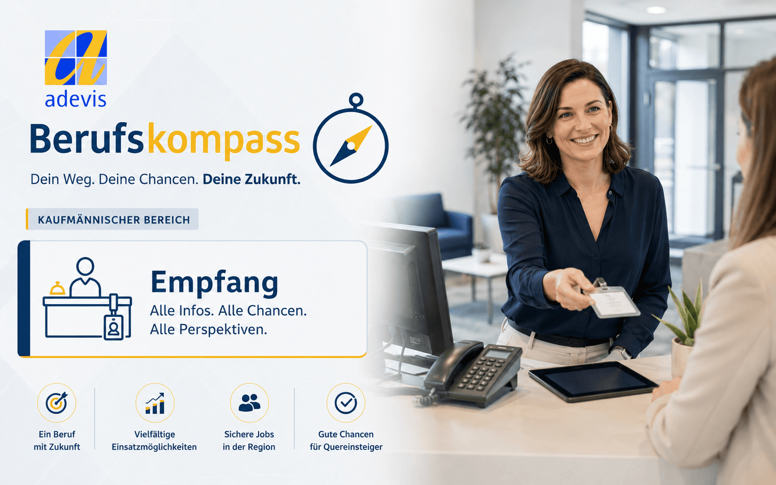 Empfangsmitarbeiter: Aufgaben und Arbeitsalltag Empfangsmitarbeiter begrüßt einen Besucher in einem modernen Unternehmen