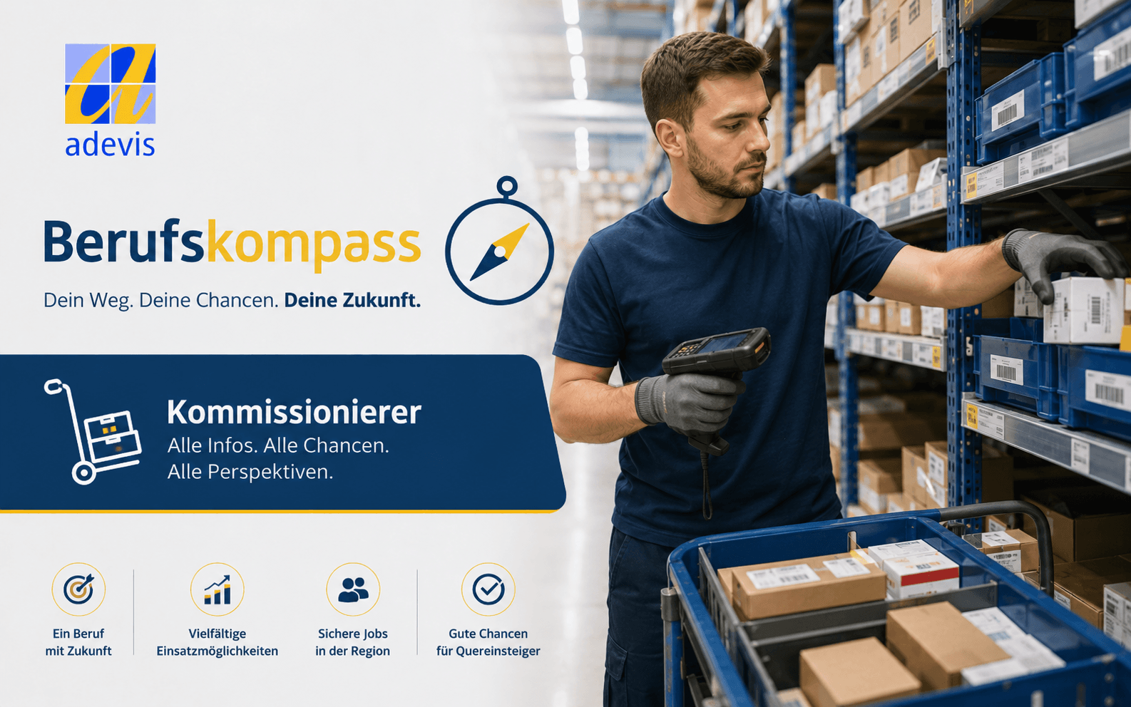 Kommissionierer prüft einen Artikel mit dem Handscanner und legt ihn in einen Auftragswagen