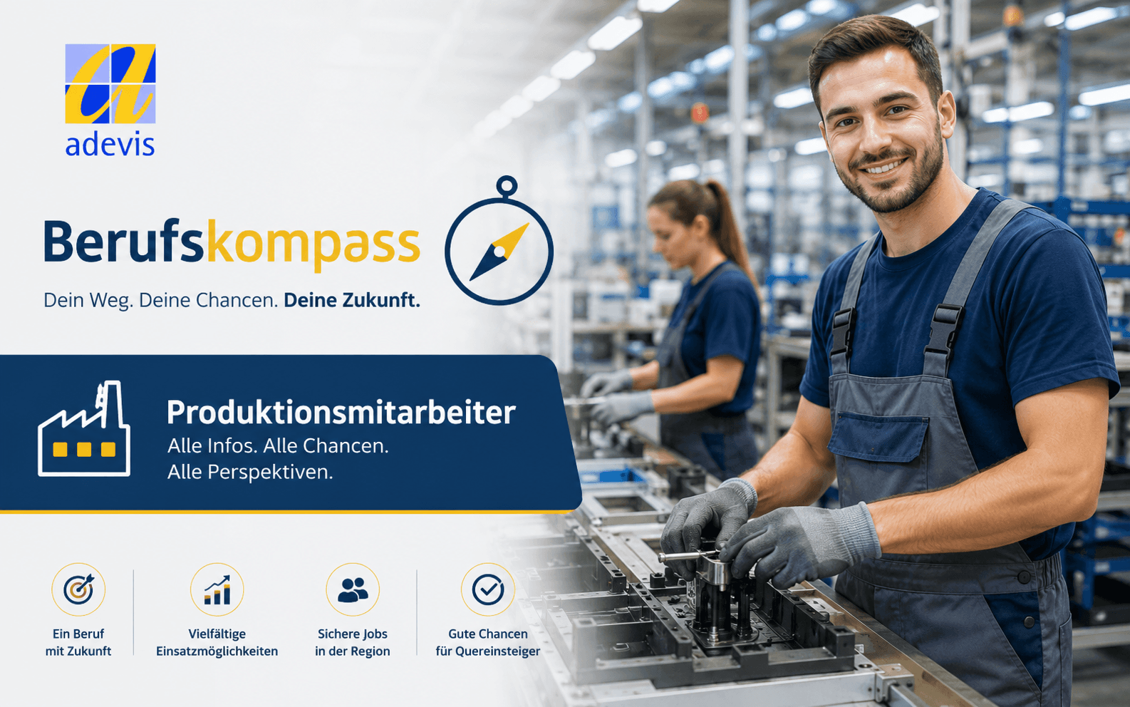 Produktionsmitarbeiter: Aufgaben und Arbeitsalltag Produktionsmitarbeitende bei Montage und Qualitätskontrolle in einer modernen Produktionshalle
