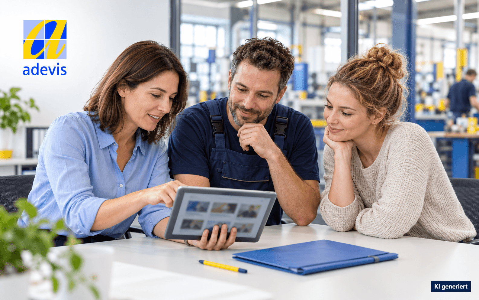 adevis Beitragsserien Tipps Für Deinen Berufsalltag Drei Personen aus Büro und Produktion entdecken die adevis Beitragsserien auf einem Tablet.